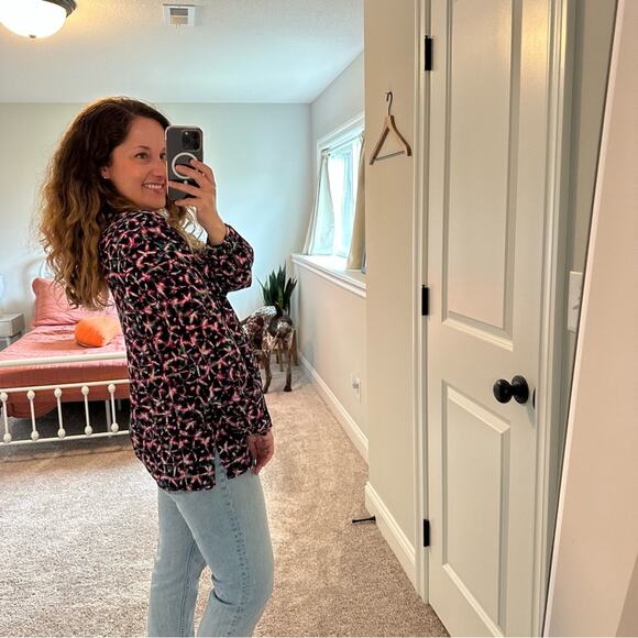 SALONI Pink Black Silk Printed Long Sleeve Blouse 10 - Picture 3 of 8